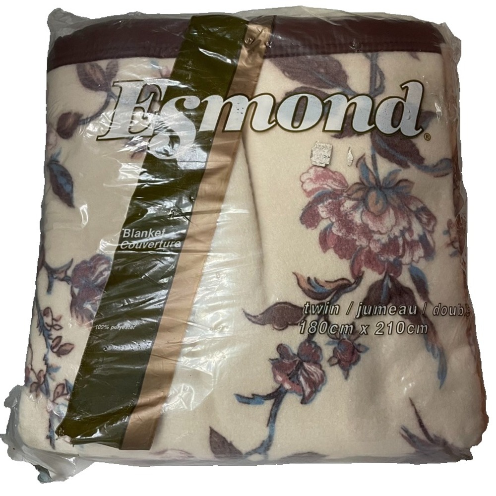 Esmond‎ Brown Floral Satin Trim Twin Fleece Polyester Blanket NOS